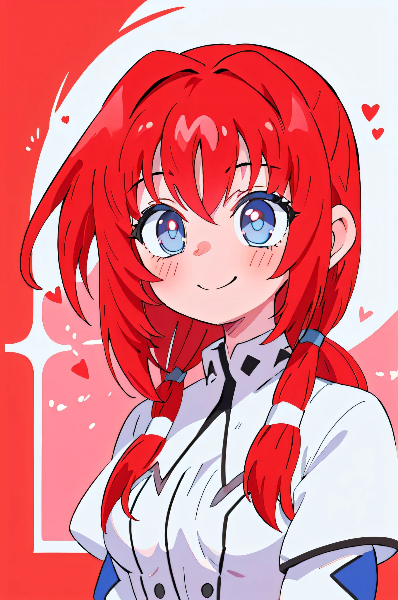 (master part, best quality:1.2), 1 girl, 1 small rias gremory , red hair, Big red ponytail hairstyle, blue eyes , white clothes and light blue , smug smile , blush , heart eyes