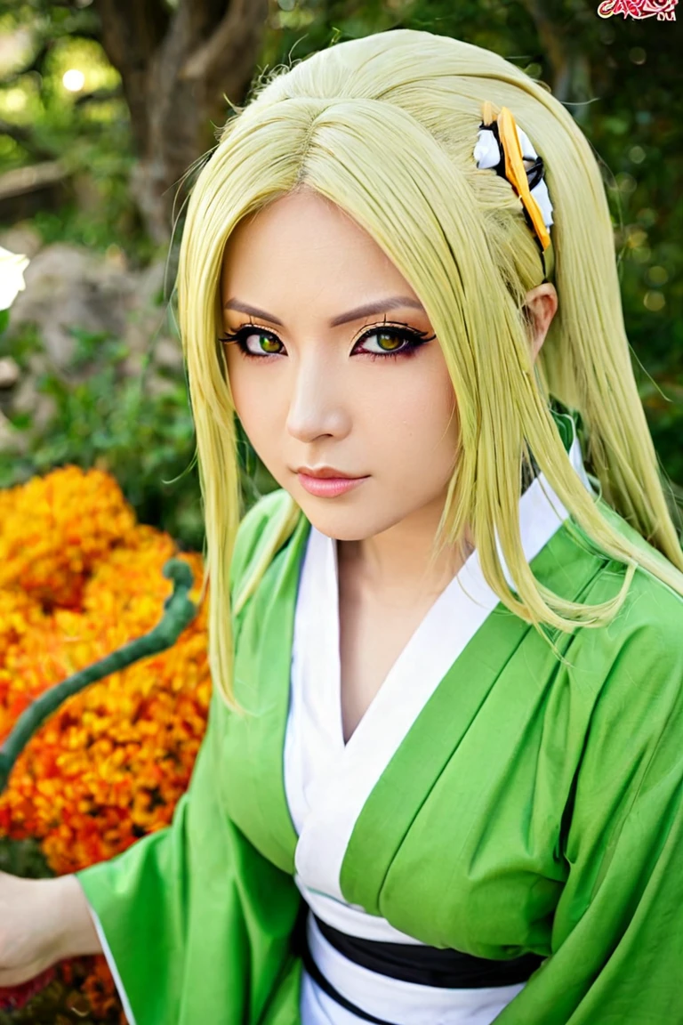 Tsunade from “NARUTO” is depicted with a confident and approachable demeanor. She has shoulder-length blonde hair that frames her face, with a prominent diamond-shaped mark on her forehead, signifying her immense chakra reserves and healing abilities. Her eyes are a warm brown, conveying both wisdom and strength. Tsunade is wearing a traditional outfit consisting of a green haori over a grey, sleeveless kimono-style blouse with a deep neckline, and it’s tied with a broad, dark obi. She is seated in a cozy, traditional Japanese room with sliding shoji doors and wooden floors, adding to the serene atmosphere. Her expression is calm and welcoming, reflecting her role as the wise and powerful Fifth Hokage, big breasted, ultra detail face, full body, mountain,