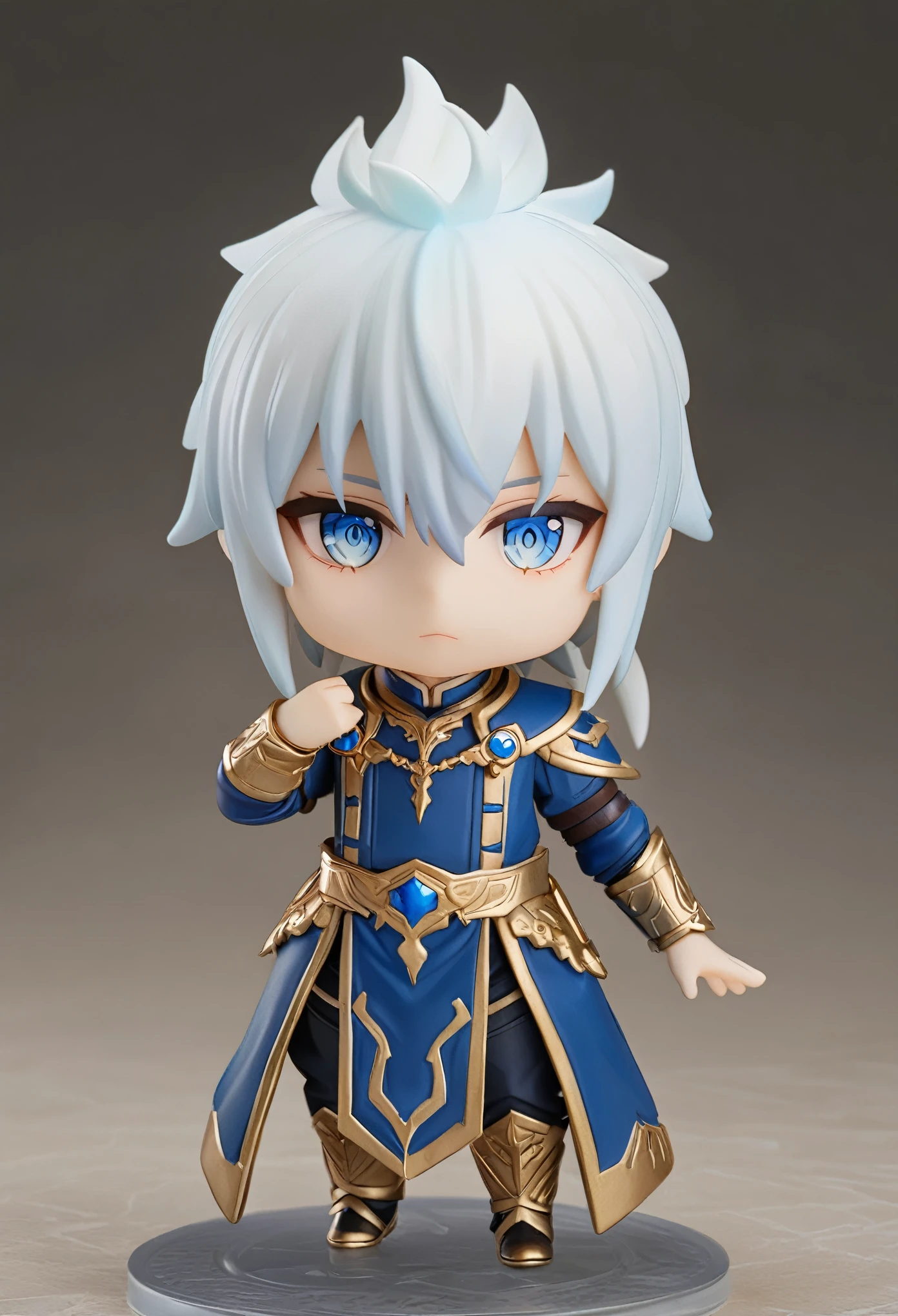 (( best quality )), (( ultra-detailed )), simple background,  full body, fantasy, chibi, boy with white mullet hair and blue eyes 