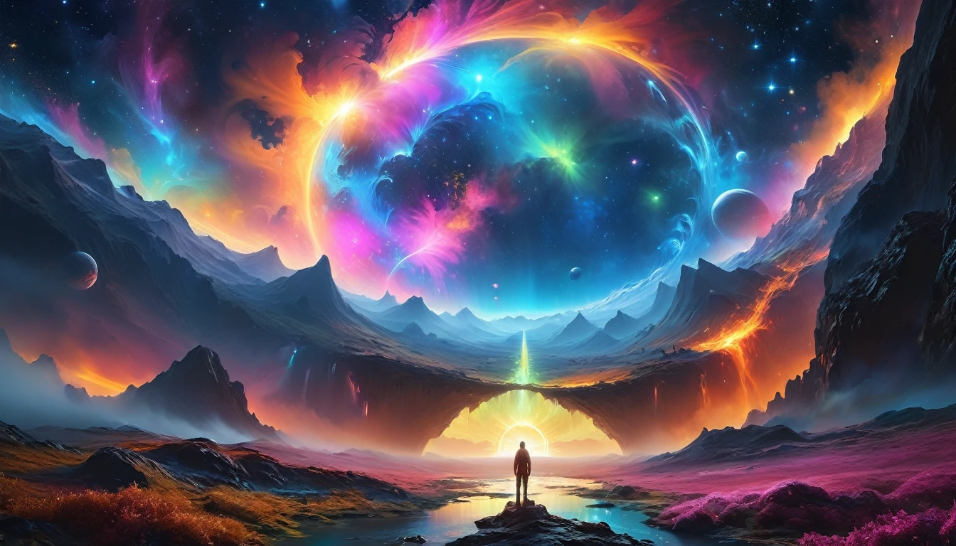 view from afar where a person stands in front of a huge landscape of nature growing from a huge cosmic portal against the backdrop of a cosmic landscape, colorful mystic light, UHD, by Alexander Jansson and Aleksi Briclot and Arnold Böcklin