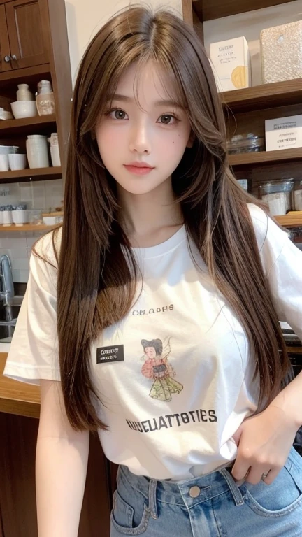 masterpiece, best quality, ultra detailed, insanely detailed, 8K, 16K, absurdres, a girl, smiling, looking at viewer, long hair, medium hair, brown hair, droopy eyes, tareme, detailed skin, shiny skin, detailed face, glamorous, voluptuous, beautiful breasts, beautiful ass, (mini skirt, t-shirt:1.3), delicate facial features, japanese idol, 20-year-old, japanese, in the cafe, with a table, ultra realistic photo, photorealistic, raw photo, cowboy shot, front view, dynamic angle, sharpen, practical lighting, depth of field