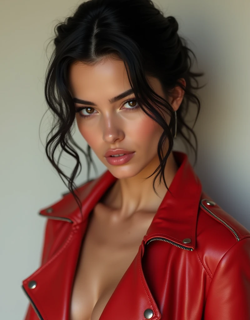 drop dead gorgeous girl, looking downwards, 1, German and Mexican mix, wearing nothing but a red leather jacket, flat chest, short black hair, twisted half-up half-down, seductive facial expression, looking downwards