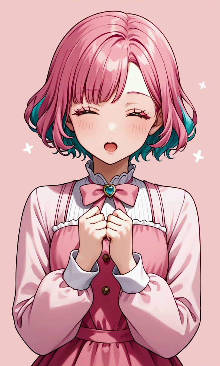 think eyelashes, pink hair teal highlights, winking, open mouth, pink dress, bow, short hair, long sleeves, pink background