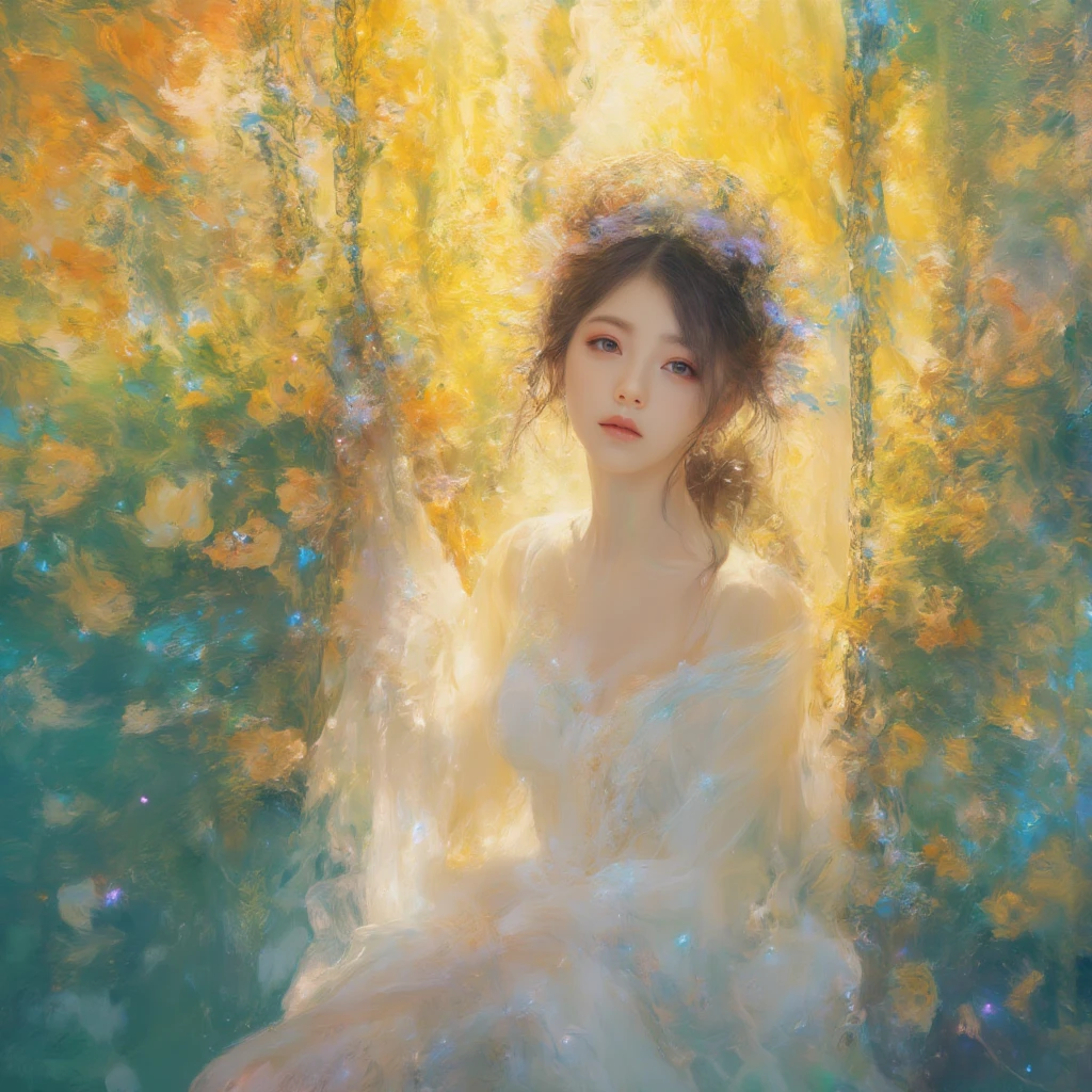 Vector art, featuring a young East-Asian woman with an air of melancholic reverie, ensconced amidst a phantasmagoric bloom of chromatic hues. Rendered in a style reminiscent of Impressionism, the painting employs a vibrant, high-key palette dominated by ethereal yellows and punctuated by strokes of lavender and cerulean. The subject is positioned gracefully on a swing, suspended amidst a riotous profusion of flora, her diaphanous white gown cascading around her in delicate folds.

Her jet-black hair flows softly, framing her serene face with almond-shaped eyes that hold a quiet, wistful expression. The camera angle is slightly low, lending an air of gentle ascension to the composition, as if she is lightly floating amidst the scene.

The background dissolves into an abstract symphony of warm yellows, suggestive of a radiant, sun-drenched afternoon, blending harmoniously with soft teal and orange gradients. The overall ambiance evokes a sense of ephemeral beauty, tinged with a whisper of wistfulness. Symbolist chiaroscuro and tenebrist influences imbue the scene with depth and a subtle interplay of light and shadow, while volumetric lighting and a delicate halation effect enhance the dreamlike quality.

High-contrast details and fine film grain textures accentuate the scene, complemented by a high dynamic range and a gently applied S-curve gamma. The composition is imbued with an ethereal, nostalgic warmth that highlights the fleeting yet radiant beauty of the moment.