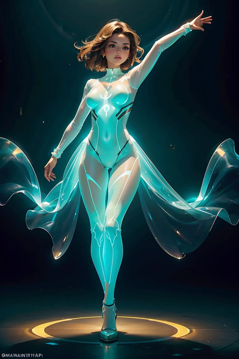 A beautiful woman with a perfect body, glowing translucent bodysuit, dynamic pose