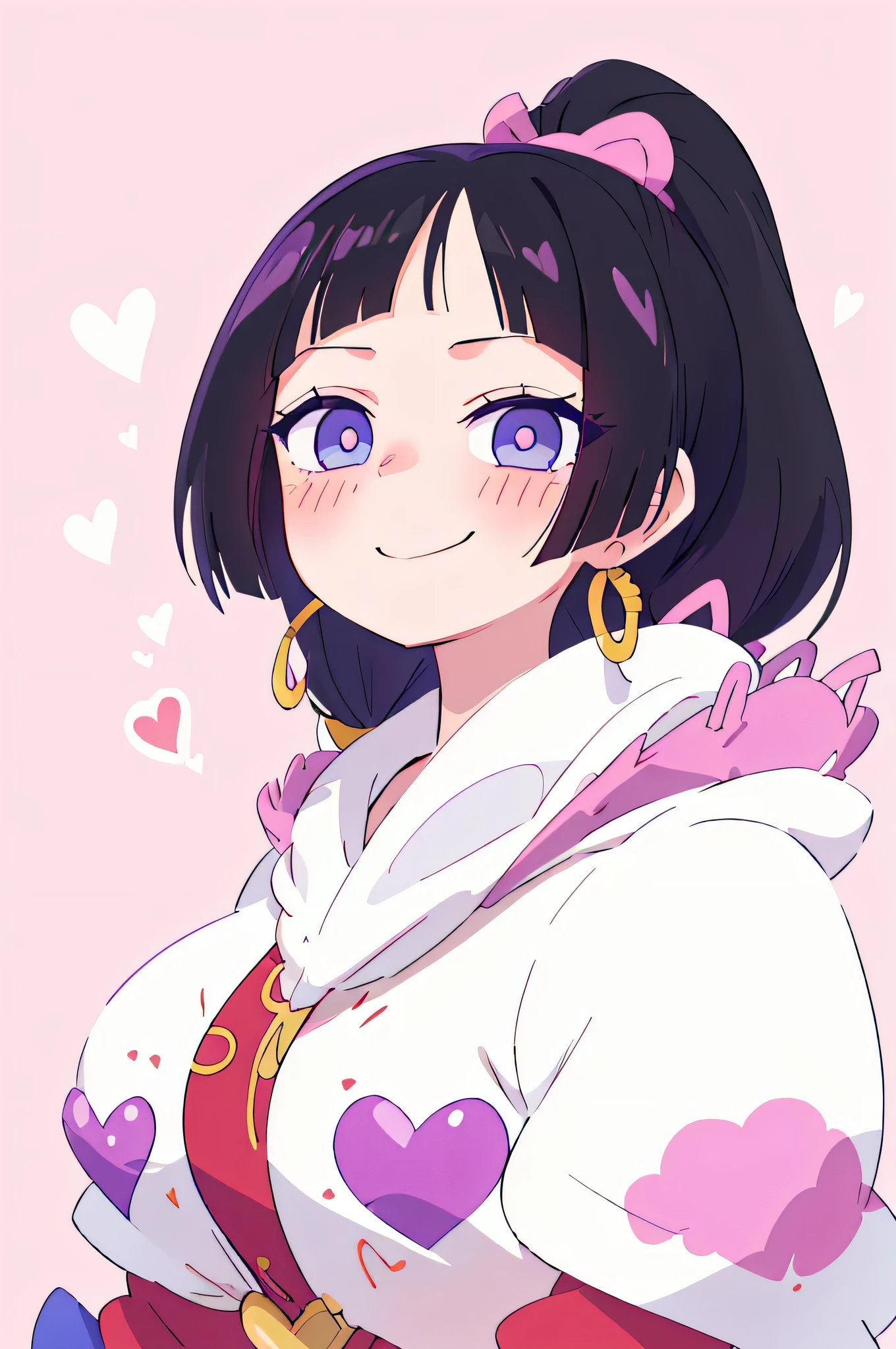 (master part, best quality:1.2), 1 girl, 1 small boa hancock , black hair, Big purple ponytail hairstyle, blue eyes , white clothes and light blue , smug smile , blush , heart eyes