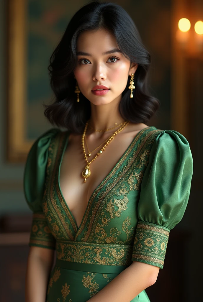 In a 9:16 aspect ratio, a stunning brunette Latina model with short braided hair stands out against a bright yellow backdrop. Dressed in a beautiful white medieval gown with green belt and flower details on the neck, she poses alluringly with piercing brown honey eyes sparkling with happiness. The cinematic lighting mimics an aperture of f/1.4, highlighting her puffy skin texture, highly detailed eyes and face, painted red lips, and subtle eyeliner. She wears a gold bracelet, green choker, earrings, and exudes confidence amidst the soft, warm studio light.