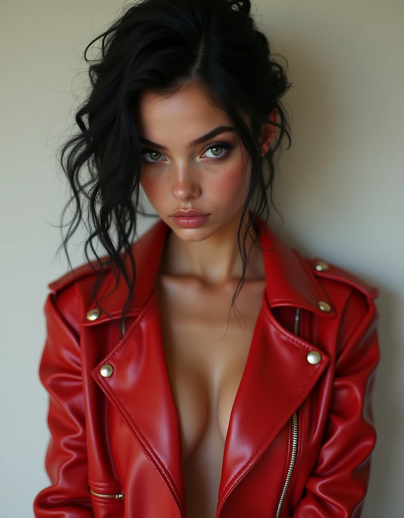 drop dead gorgeous girl, looking downwards, 1, German and Mexican mix, wearing nothing but a red leather jacket, flat chest, short black hair, twisted half-up half-down, seductive facial expression, looking downwards