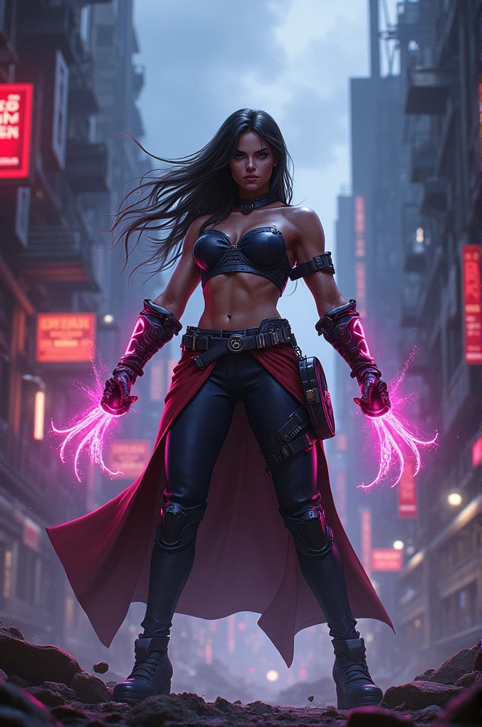 (best quality,4k,8k,highres,masterpiece:1.2),ultra-detailed,(realistic,photorealistic,photo-realistic:1.37),HDR,UHD,studio lighting,extreme detail description,professional,vivid colors,bokeh,fast-paced,speedy,energetic,explosive,captivating,action-packed,thrilling,superhero female superhero,fast running motion blur,beautiful detailed eyes,beautiful detailed lips,extremely busty,exposed midriff,deep exposure of cleavage,confident expression,flowing long hair,fitted superhero costume,striking colors,dynamic pose,tall and slim figure,fierce and determined,flying cape urban cityscape,Bangkok skyline,busy streets and traffic,neon lights and billboards,tall buildings and skyscrapers,modern architecture,street vendors and food stalls,colorful street art and murals,people and cars rushing by,dynamic and bustling atmosphere,blurred motion effects,implied speed and motion electrifying energy,crackling lightning bolts,sparkling energy trails,smoke and dust in the air,blurred background with streaks of light,expressive lighting and highlights,dramatic shadows and contrasts,high contrast between foreground and background,vibrant and saturated colors,playful use of light and shadows dynamic composition with diagonal lines,guiding the eye from foreground to background,sense of depth and movement,implied speed lines and motion blurs,sense of urgency and action,focus on the female superhero at the center of the image,showcasing her power and speed,creating a visually stunning and captivating scene