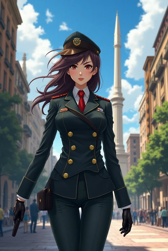 (masterpiece),(best quality), <lora:HaruhiSuzumiya:0.85>, suzumiya haruhi, military uniform, uniform, pencil skirt, armband, high heels, gloves, cosplay convention, on scene, smile, sun, sunlight, <lora:Adddetail:0.7>