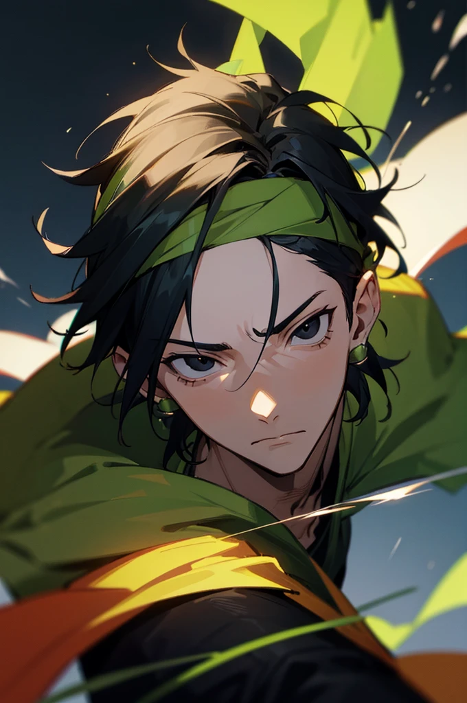 Young Adult, , Male, Black Shadows Hair, Netural Expression, Black eyes, Green Headband, Earings.