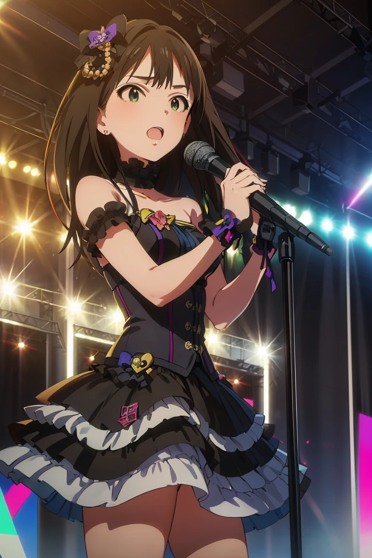 ((masterpiece,  best quality,  super detailed,  very fine 8kgg wallpaper )),  1 girl, Alone,  medium breasts,  The Idolmaster, black gothic  dress, red eyes,  open your mouth, Hair accessories,  clevis,  dress, ribbon, frills,  microphone stand,  microphone,  wonderful hands ,   perfect hand,