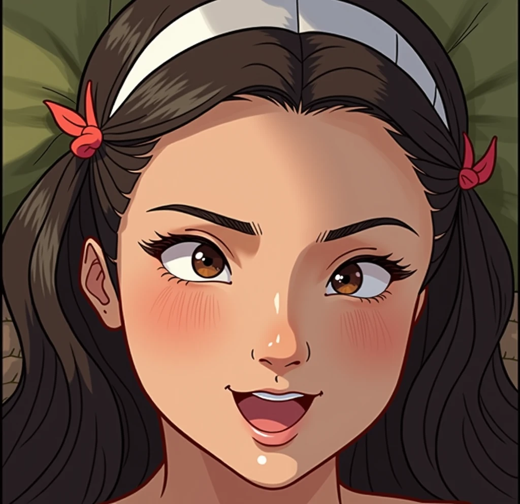 Amazing portrait of a woman who is 30 years old and an adult and a sexy woman with a beautiful face with lustful eyes gazing seductively and parted pink lips smiling as she blushed deeply with her black hair in a bun wearing a green satin shirt that is partially unbuttoned and falling off her shoulders exposing her creamy pale porcelain skin in a very dimly lit bedroom giving off an intimate vibe during night time with soft lighting showcasing her red lips and her beautiful face in detail and close up 