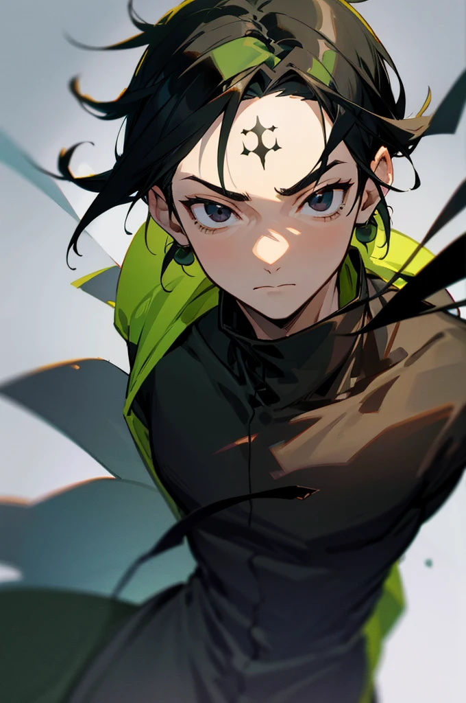 Young Adult, , Male, Black Shadows Hair, Netural Expression, Black eyes, Green Headband, Earings.