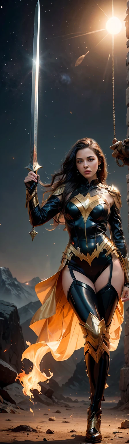 ((Full body photo, standing, feet on the ground)) Yara_flor DC, A warrior, black hair, dynamic pose and yellow eyes, in her hands the lasso of truth, heroine pose, wearing black and gold Yara Flor armor
