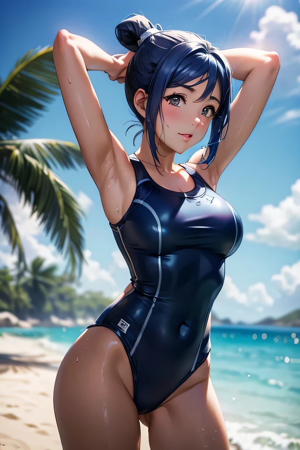  perfect anatomy　 best quality, highest resolution,((( shiny school swimsuit　 blue hair　 ponytail　sweat)))　Love Live!！Sunshine!!　Matsuura Kanan 