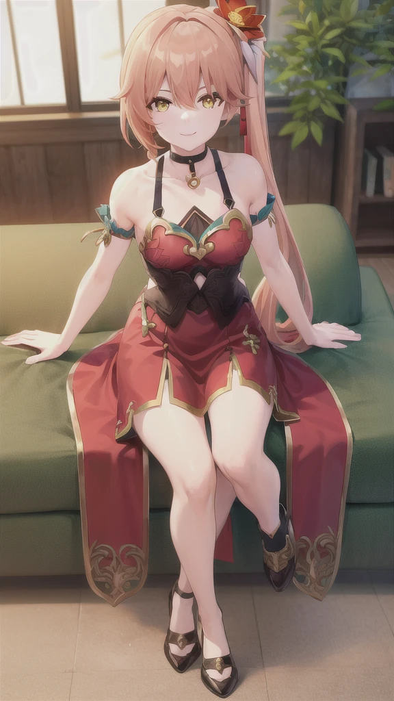 (high quality, high resolution:1.3), 4k, masterpiece, detailed background, sofa, indoors, messy room, 
BREAK
 1girl, solo, Guinaifen, red dress, sitting, long hair, (side ponytail:1.1), orange hair, bare shoulders, hair ornament, hair flower, yellow eyes, small breasts, looking at viewer, smile, dress, choker, collarbone,