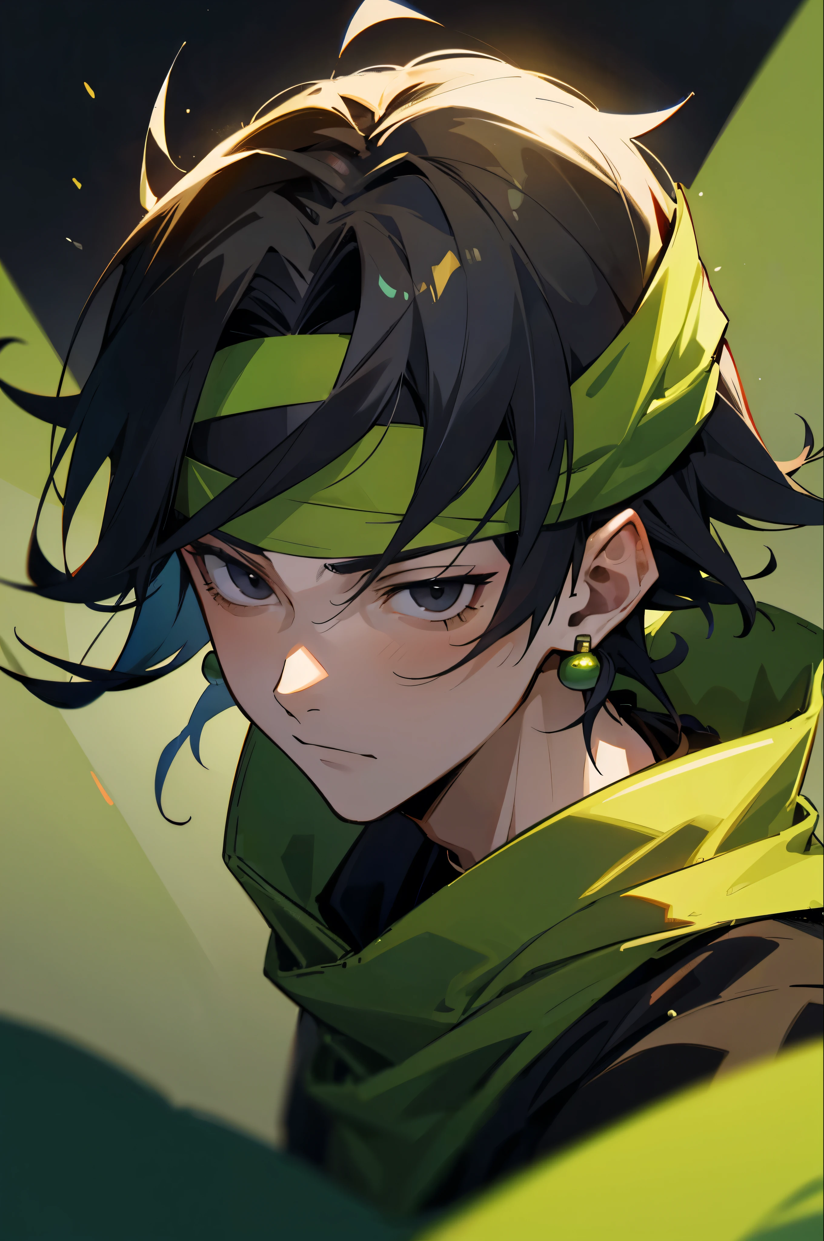 Young Adult, , Male, Black Shadows Hair, Netural Expression, Black eyes, Green Headband, Earings.