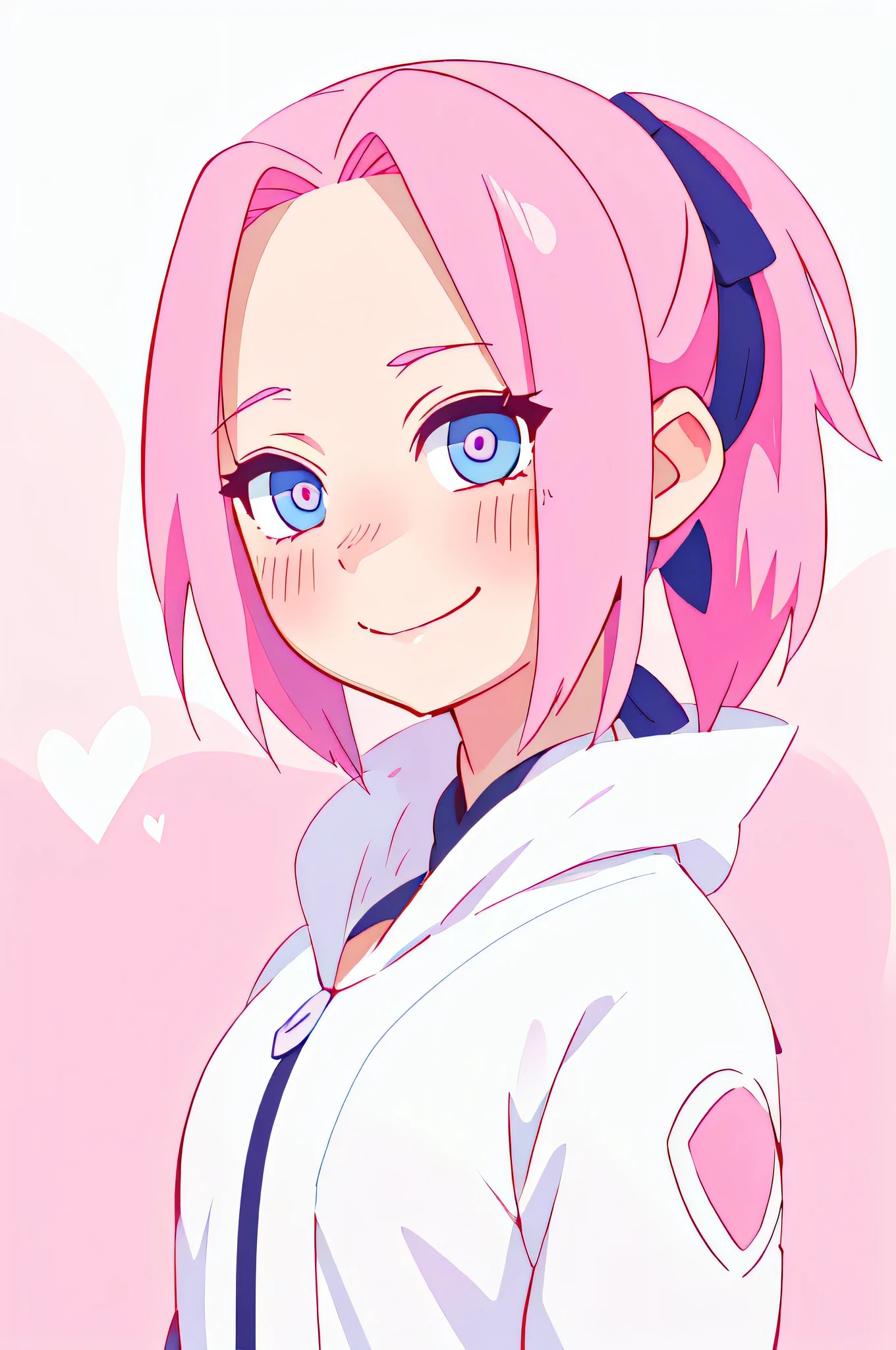 (master part, best quality:1.2), 1 girl, 1 small sakura haruno , pink hair, Big blue ponytail hairstyle, blue eyes , white clothes and light blue , smug smile , blush , heart eyes