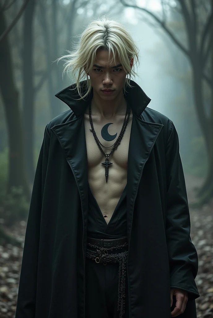 Taehyung de BTS atractivo, alto y albino con ojos azules, bathed in blood and in the middle of a forest wearing a half-open black shirt and full of scars on his chest