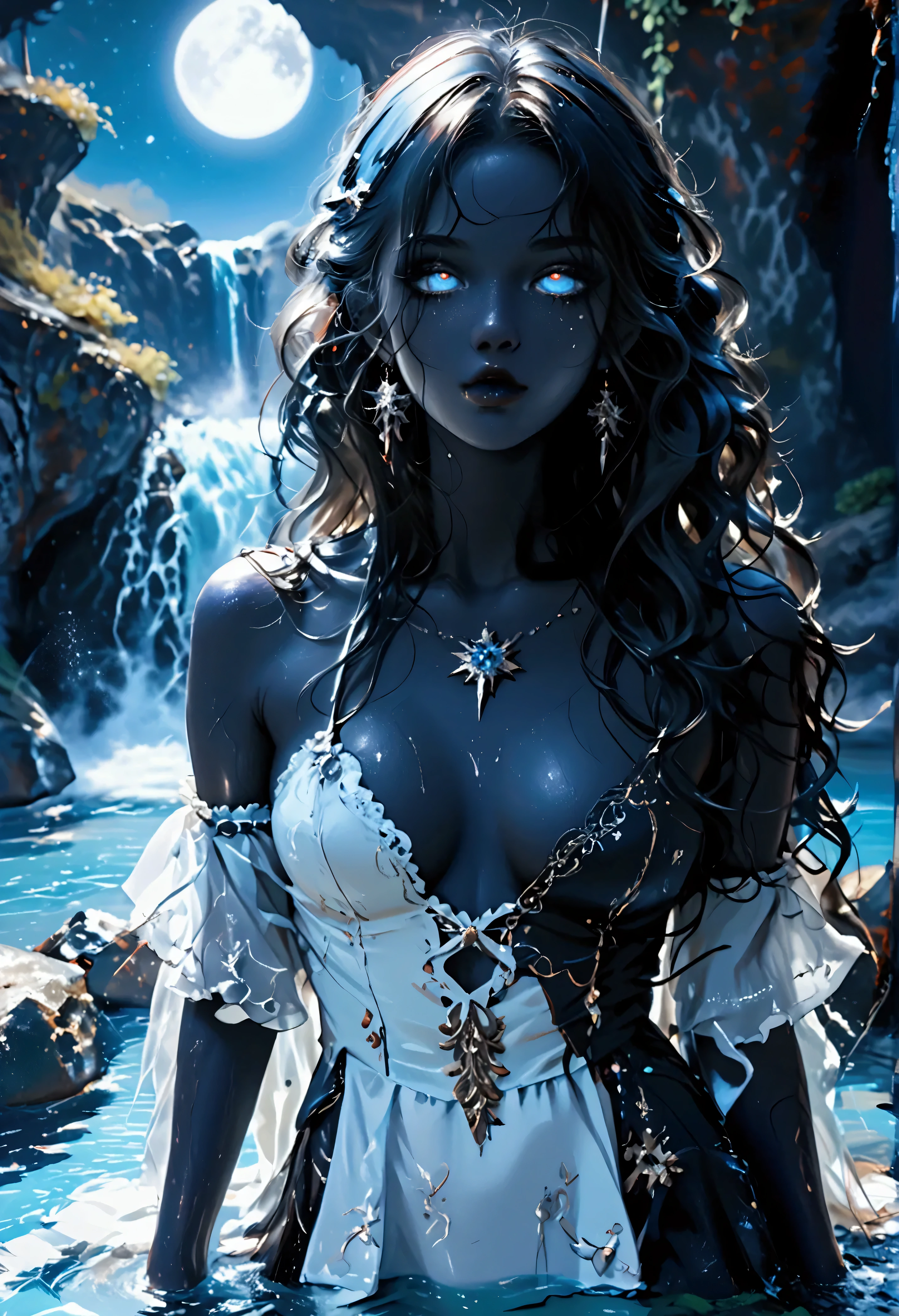 score_9, score_8_up, score_7 portrait of an exquisite beautiful female vampire standing under the starry night sky at the base of the waterfall, dynamic angle (ultra detailed, Masterpiece, best quality), ultra feminine, (black skin: 1.3),  dynamic hair color, wavy hair, dynamic eyes color, cold eyes, glowing eyes, intense eyes, dark red lips, busty, wearing white dress, wearing blue cloak, long cloak, flowing cloak (ultra detailed, Masterpiece, best quality), wearing high heeled boots,  water coming down from a mountain, multi level water falls, several pools created in different levels, forming new waterfalls, water cascading into a pool steam rising, clear water in many hues of blue and azure falling, ultra best realistic, best details, best quality, 16k, [ultra detailed], masterpiece, best quality, (extremely detailed), ultra wide shot, photorealism, depth of field, hyper realistic painting, sky full of stars background, moon, bats flying about, high details, best quality, 8k, [ultra detailed], masterpiece, best quality, (ultra detailed), full body, ultra wide shot, photorealism, dark fantasy art, dark fantasy art, gothic art, many stars, dark fantasy art, gothic art, sense of dread, PASTELGOTH