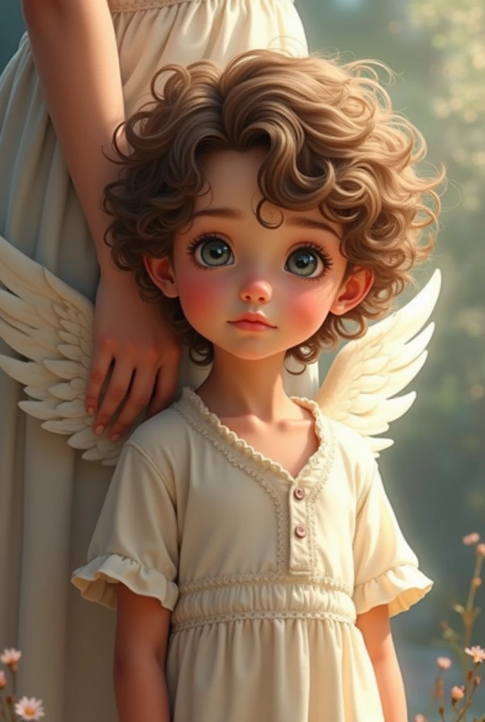 Draw a little boy with angel wings sitting on a cloud， Cute detailed digital art, 6 year old boy，Has big, handsome blue eyes, with short brown hair, Cute face, Little boy with angel wings，The face was painted with colored paint，ssmile，cheerfulness，beautiful angel， beautiful angel， Beautiful angel boy， Portrait of a beautiful angel， Angel Boy， lovely digital painting， Beautiful angel boy portrait， angelicales， angel themed， Little angels， Paintings full of angels，