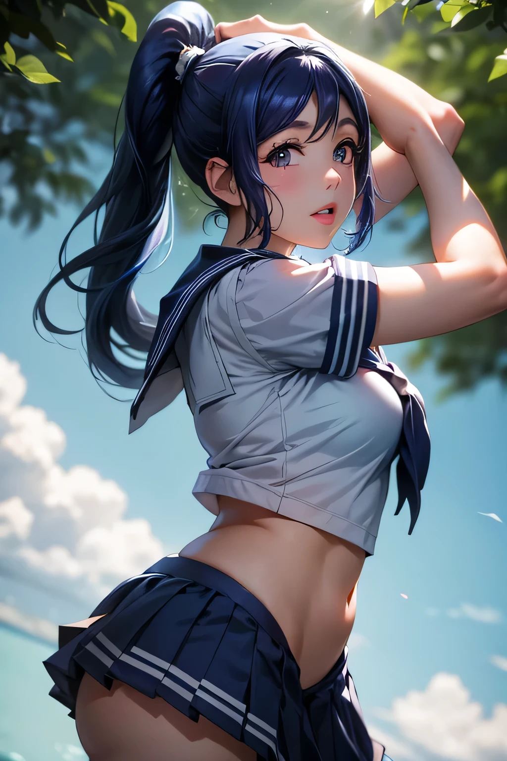  perfect anatomy　 best quality, highest resolution,(((shiny sailor uniform　 blue hair　 ponytail)))　Love Live!！Sunshine!!　Matsuura Kanan 