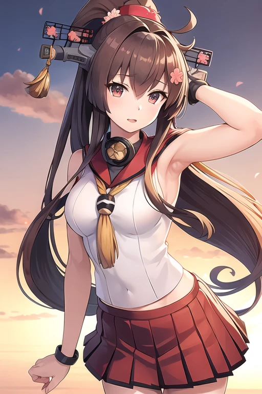 Hanafuda \(yys\), Hanafuda,  1 girl, Alone,
 Yamato_\(Kantai Collection\), 
(original_ costume),  headgear ,  sailor collar , Separated_sleeve, red_ skirt, Pleats_ skirt, black_Knee-high, Naked_ shoulders ,