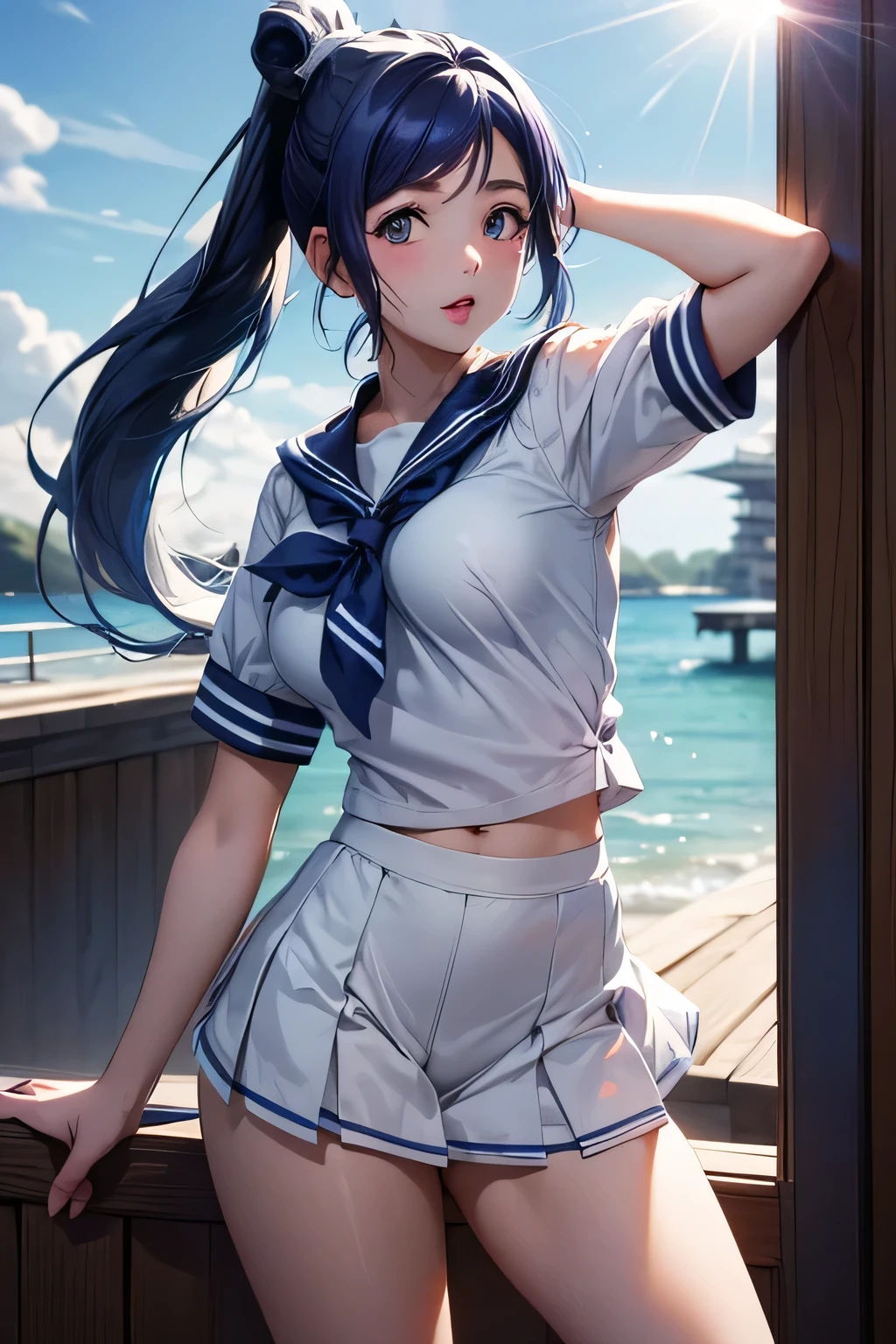  perfect anatomy　 best quality, highest resolution,(((white shiny sailor uniform　 blue hair　 ponytail)))　Love Live!！Sunshine!!　Matsuura Kanan 