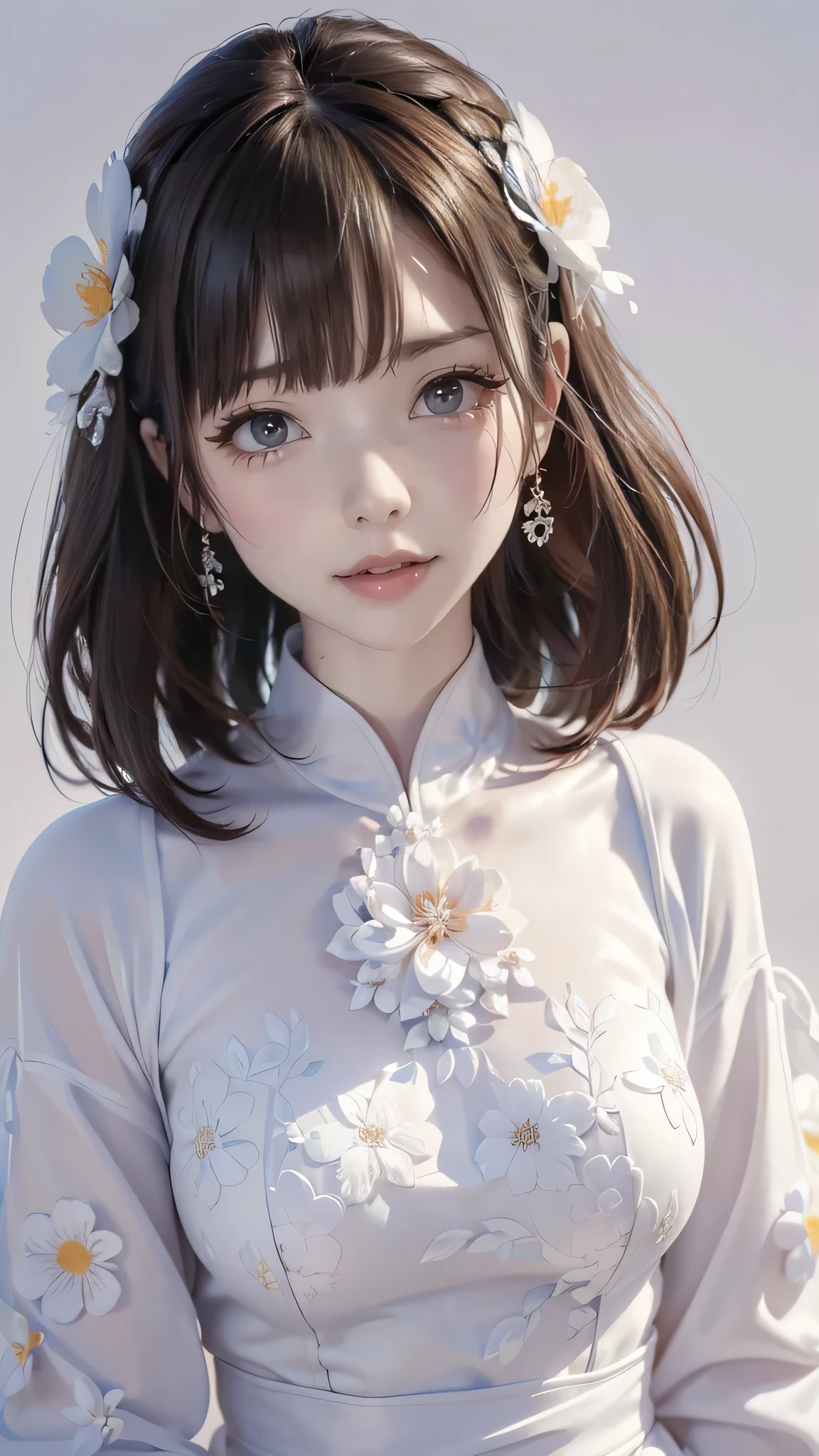 (highest quality、8k、32K、masterpiece)、(realistic)、(Photoreal:1.2)、(High resolution)、Super detailed、very beautiful face and eyes、1 girl、round and small face、thin waist、delicate body、(close、highest quality、high detail、rich skin details)、(highest quality、8k、oil paint:1.2)、Super detailed、(realistic、realistic:1.37)、bright colors、(((brown hair)))、(((bust shot)))、(((medium hair)))、(((pure white wall background)))、(((Pure white wall background)))、(((wearing floral clothes)))、(((I&#39;m smiling)))、(((wearing a floral blouse)))、(((look straight ahead)))、(((I have brown hair)))、(((wearing a heart-shaped necklace)))、(((She is wearing a white and pink blouse)))、(((Her hair is tied up with a yellow scrunchie)))、