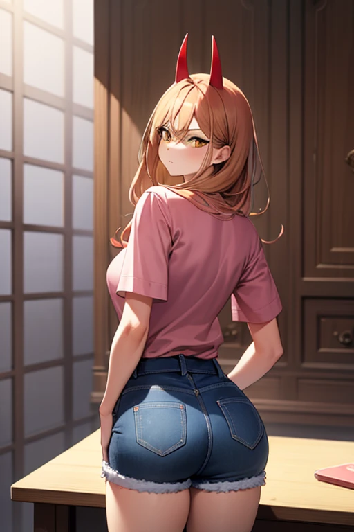 Power, a female, Reddish blonde hair, long hair, yellow eyes, red pupils, red horns, pink blouse, black jorts, showing ass, 4K