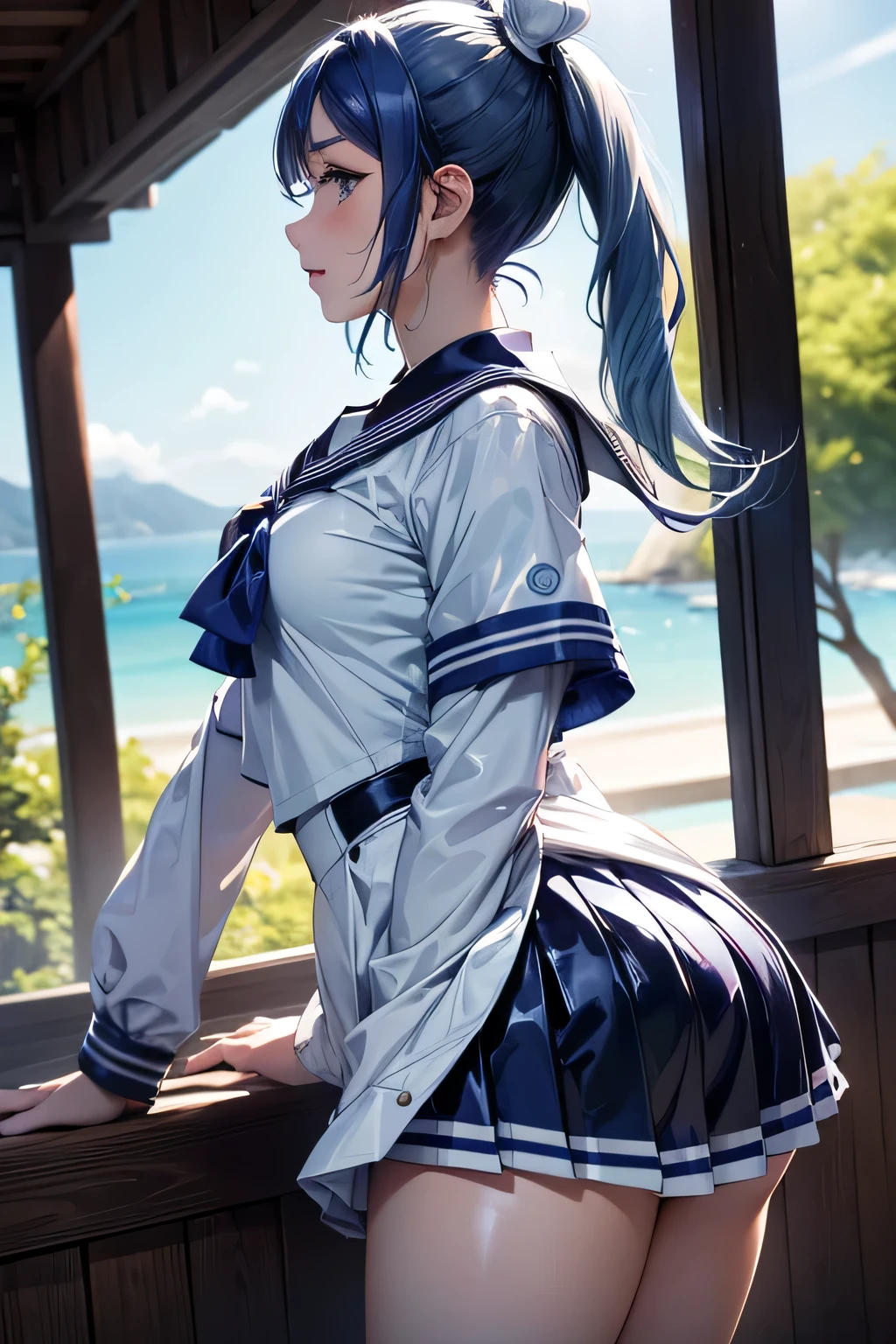  perfect anatomy　 best quality, highest resolution,(((white latex sailor uniform　 blue hair　 ponytail)))　Love Live!！Sunshine!!　Matsuura Kanan 