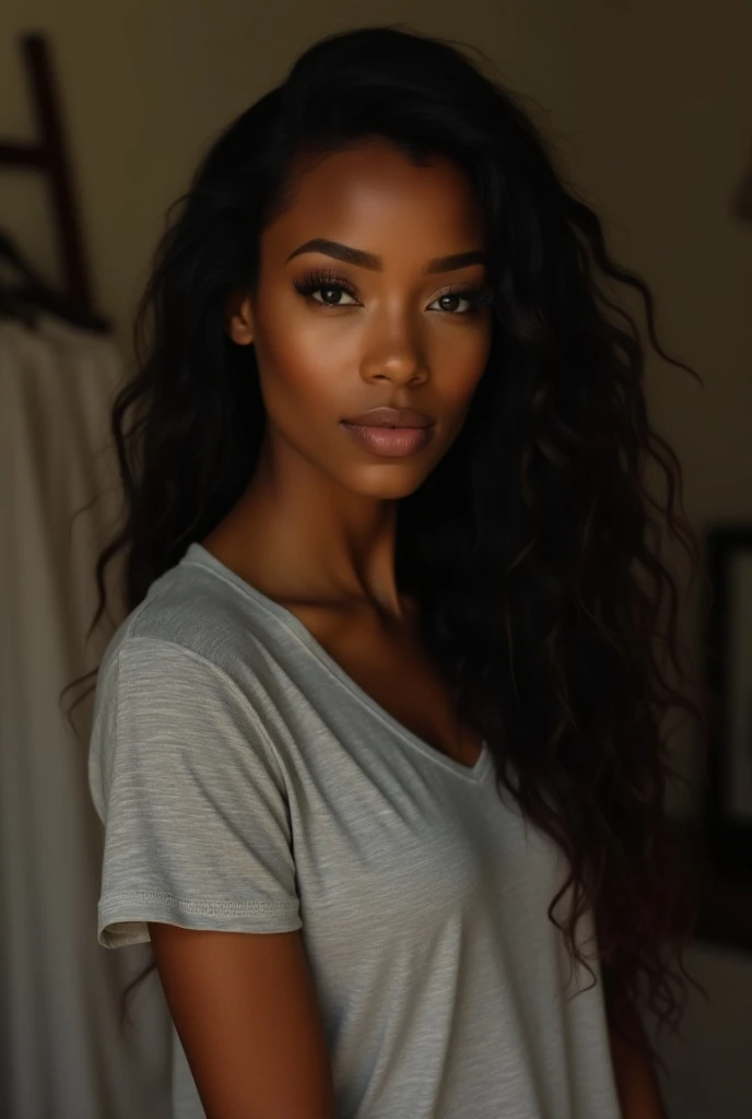 a beautiful african girl with long dark hair, detailedeyes, nase, and lips, breasts big, wearing a tank top, sitting in his office, using your computer, HP computer (best qualityer,4K,8k, high resolution,work of art:1.2),ultra detali,(realisitic,photorealisitic,photo-realisitic:1.37),HDR,studio lighting,extremely detailed face and body, portraite,cinematic lighting,dramatic lighting,warm color tones,dramatic colors, Seed 13021530