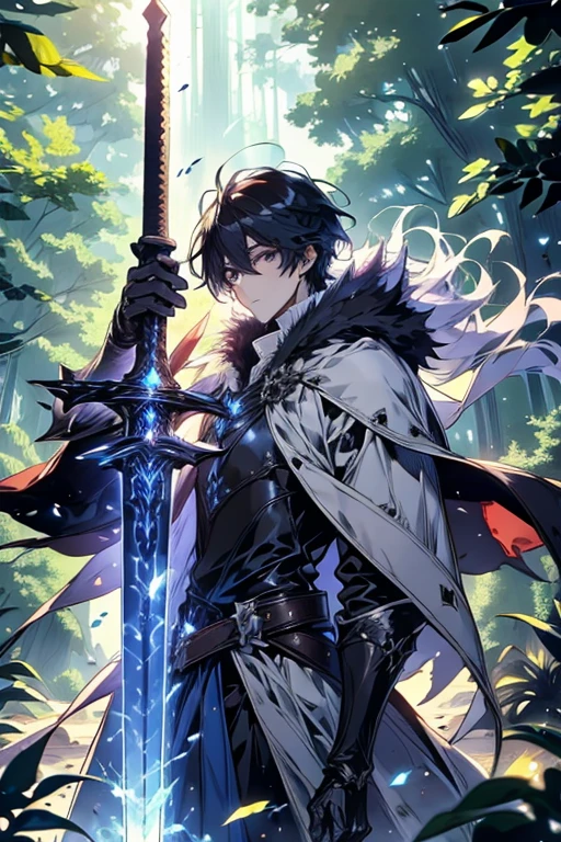 Anime, manhwa,A , boy, black hair, gray eyes, leather cape, medieval costume, holding a simple sword, light blue aura, black rays, in the forest