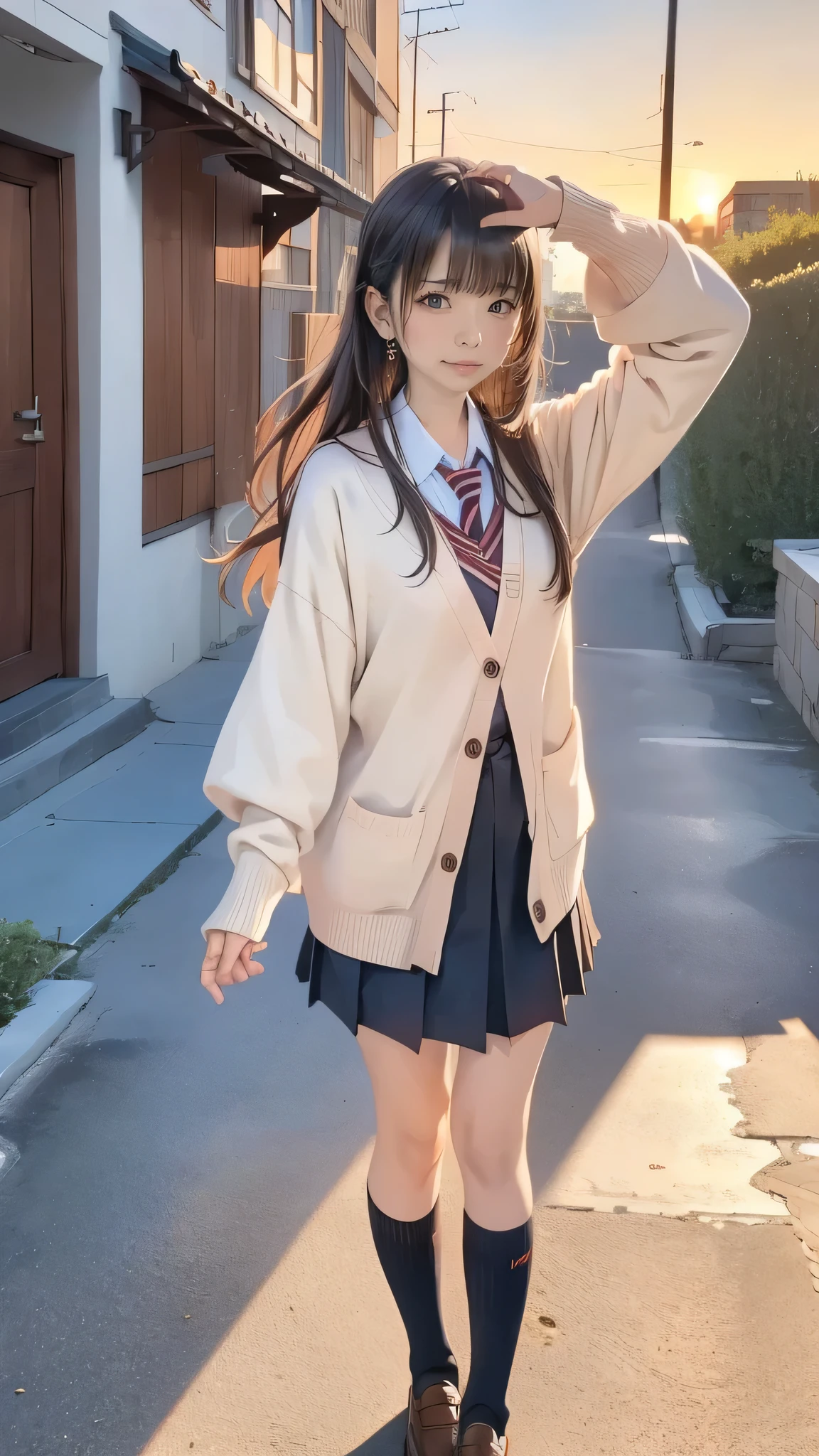 One Girl, (Sunset sky), Standing and waving, School Area, Cityscape, scenery, School Cardigan, (Sleeves are longer than the wrist), Powerful loafers, Black ash two side up hair, Blunt bangs, Beautiful dark eyes, Black knee socks, Cinema Lighting, Upper Body, :3,