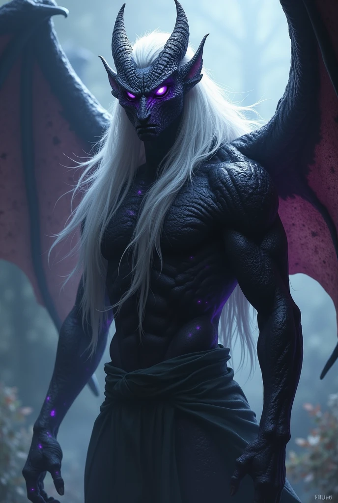 a male character, brawny, darkskin, dragon horns with dragon tail and wings, white colored hair and long length, Eyes red, smiling from the corner