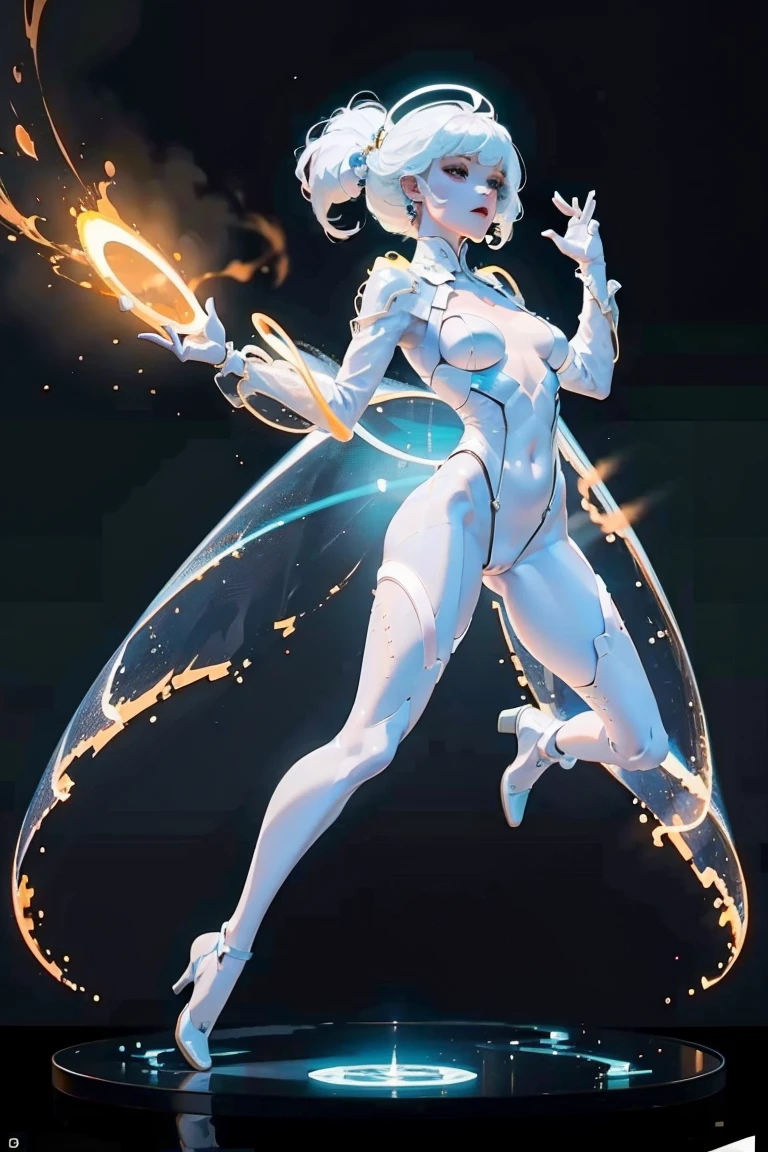 A beautiful woman with a perfect body, glowing translucent bodysuit, dynamic pose