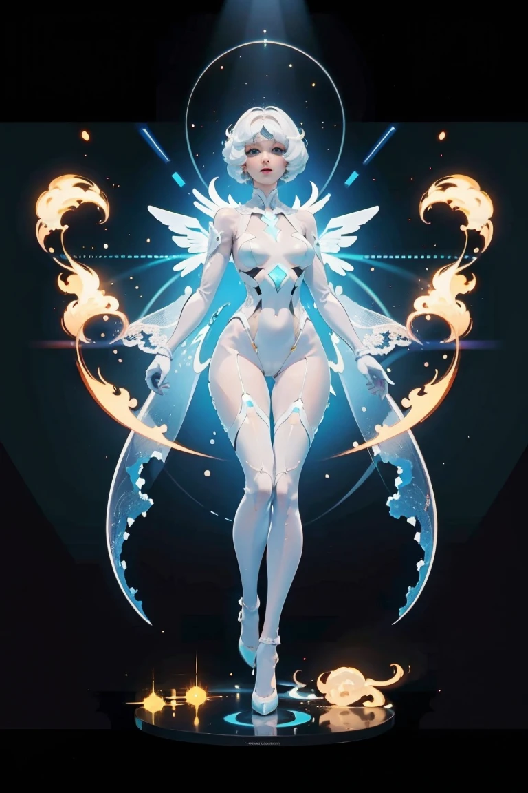 A beautiful woman with a perfect body, glowing translucent bodysuit, dynamic pose