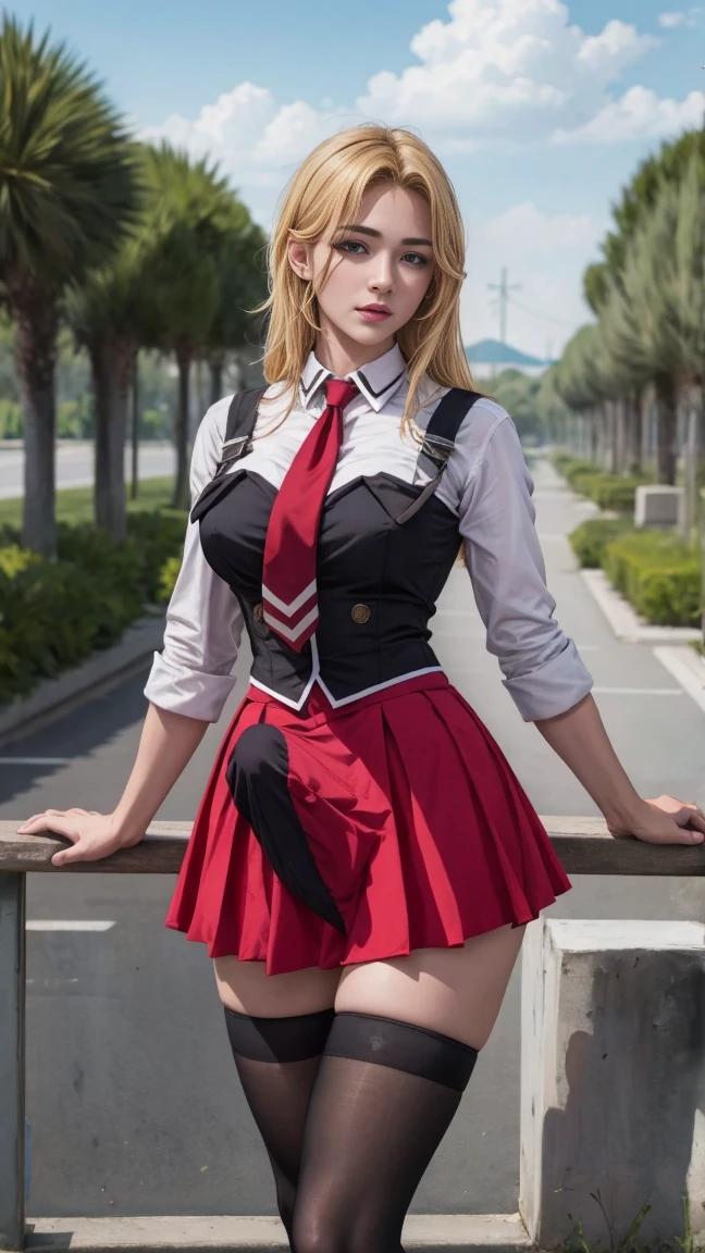 (masterpiece, best quality:1.2), highres, extremely detailed, intricate details, cinematic lighting, portrait, frontal photography, looking at viewer, solo, 1girl, standing, fabric clothes, bbuniform, pale skin, detailed face, detailed eyes, thighs, thighhigh, knees, (Erection under clothes), photo background, outdoors, blonde,cum