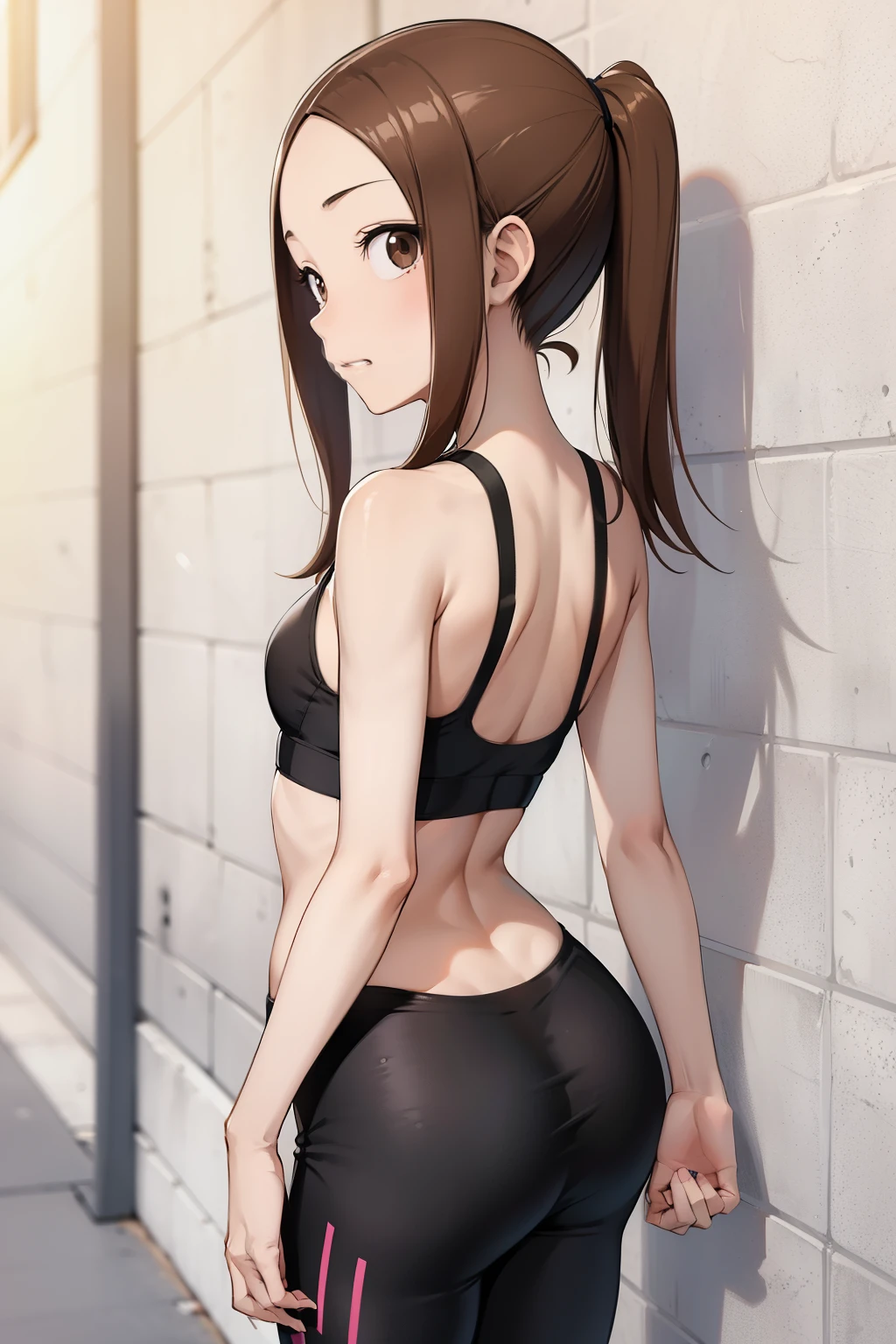 Takagi-san,  young girl, toned body, sports bra, flat chest, smug riso , sexy tight leggings ,marca de calcinha , gym . Back ass. 