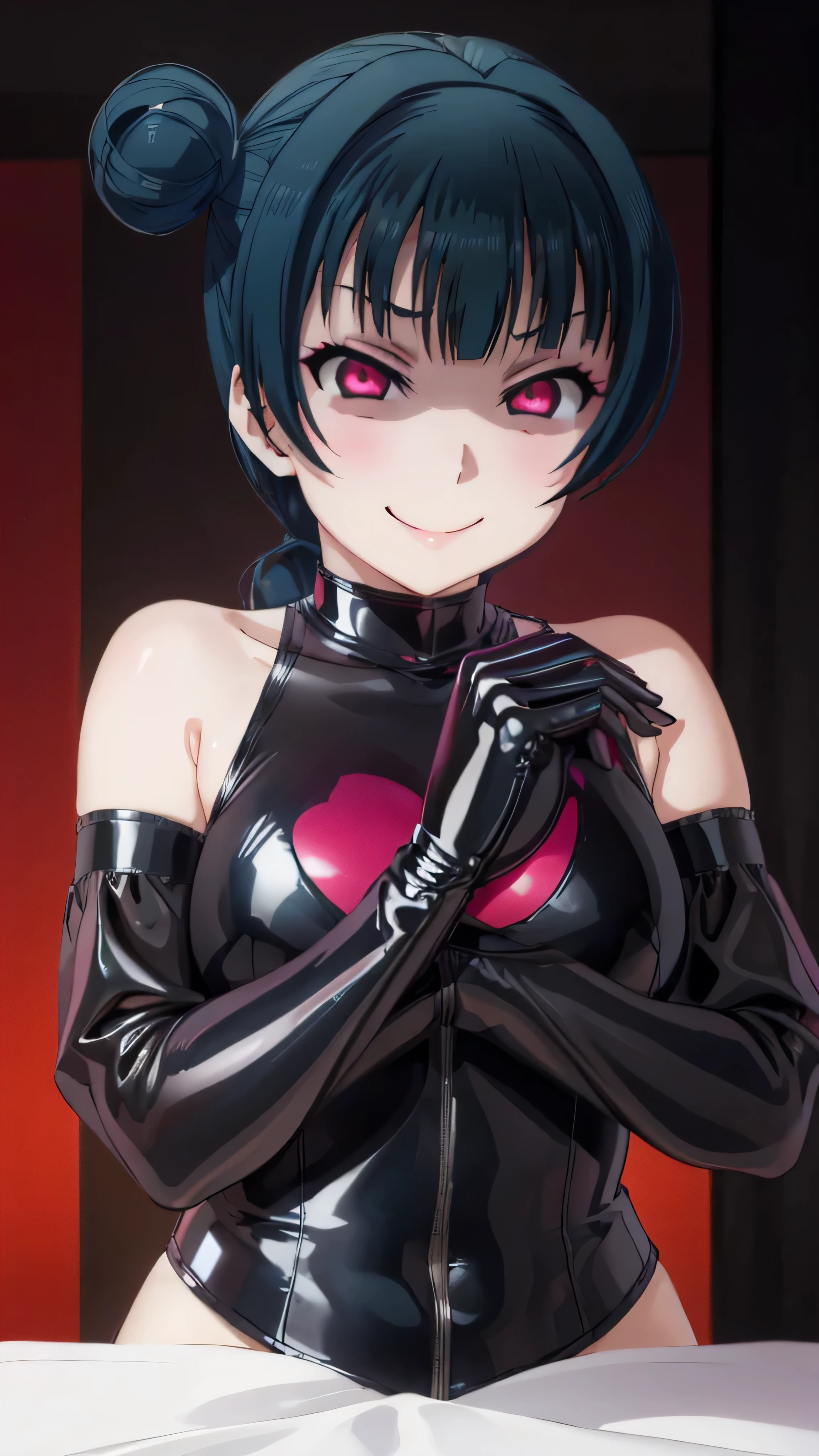 night、lovelive Black Background、Evil background、Hotel Bedroom、Sensual pink light、A shiny black rubber suit that wraps around the body、tall、Upper Body、adult、、Alone、Navy blue hair twin tail drill Volumie、Upper Body、Evil female warrior、Fantasy、Condescending smile、Fallen into evil、Fall into Darkness, Yoshiko Tsushima,very evil smirk, (((black latex gloves)))、uneasy red background,beautiful hands,beautiful body,looking down at viewer,two hands,