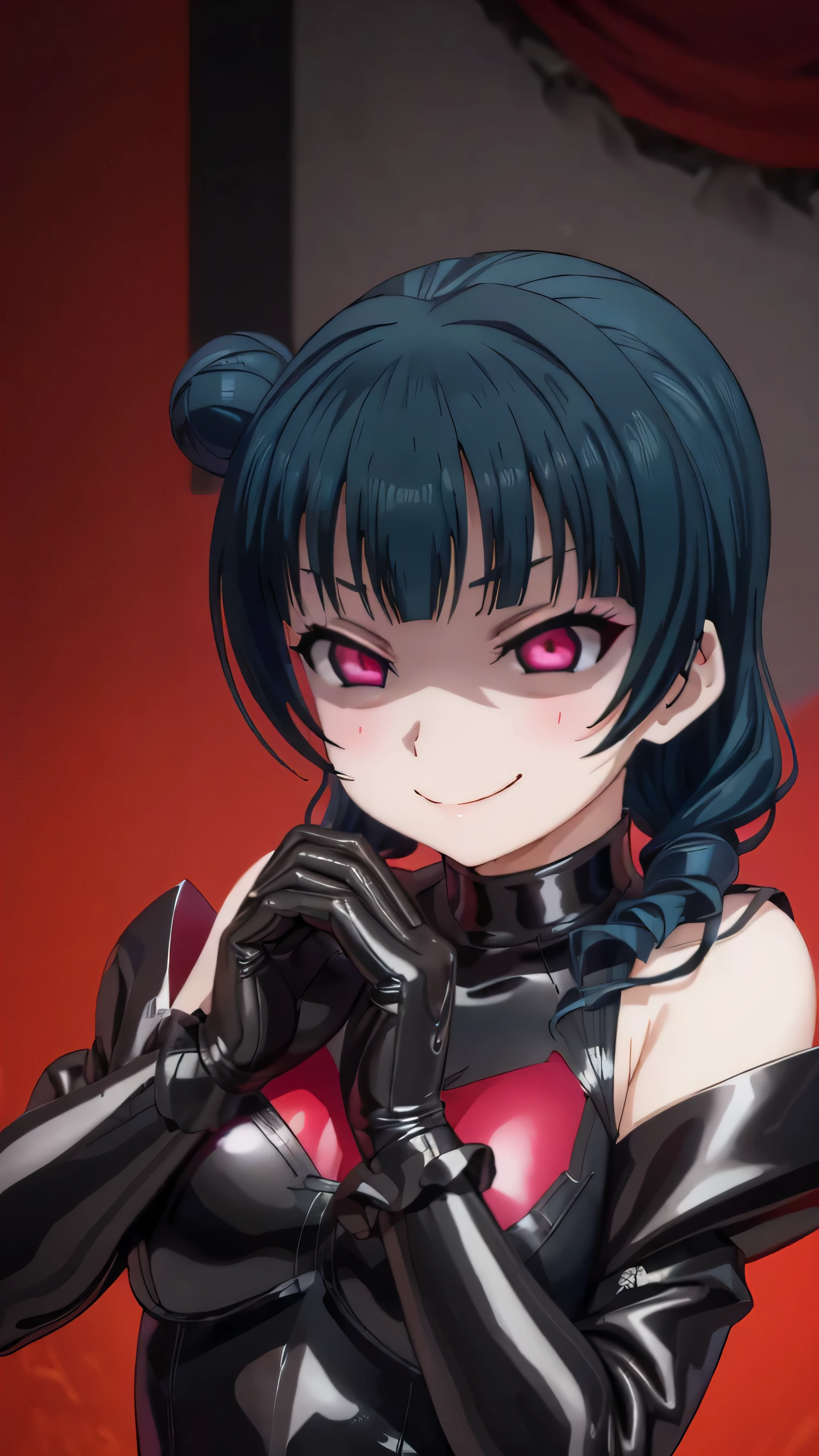 night、lovelive Black Background、Evil background、、Sensual dark light、A shiny black rubber suit that wraps around the body、tall、Upper Body、adult、、Alone、Navy blue hair twin tail drill Volumie、Upper Body、Evil female warrior、Fantasy、Condescending smile、Fallen into evil、Fall into Darkness, Yoshiko Tsushima,very evil smirk, (((black latex gloves)))、uneasy red background,beautiful hands,beautiful body,looking down at viewer,two hands,