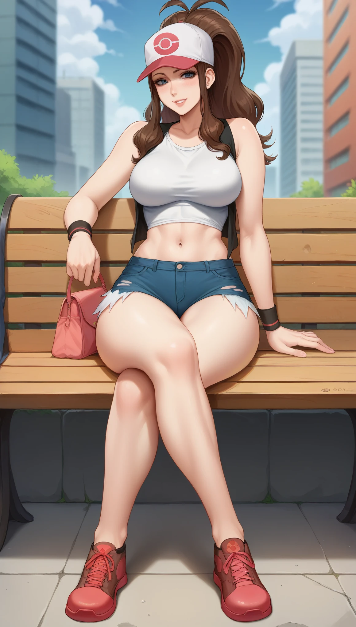 portrait of a woman in the style Sciamano240, Hilda, hotpants, cap, ponytail, tight white shirt, sleeveless, mature, very large breasts, wide hips, slim body, thin legs, city, sitting on bench, full body view, pink handbag, full body, navel, horny, teasing face, crossed legs, smirk