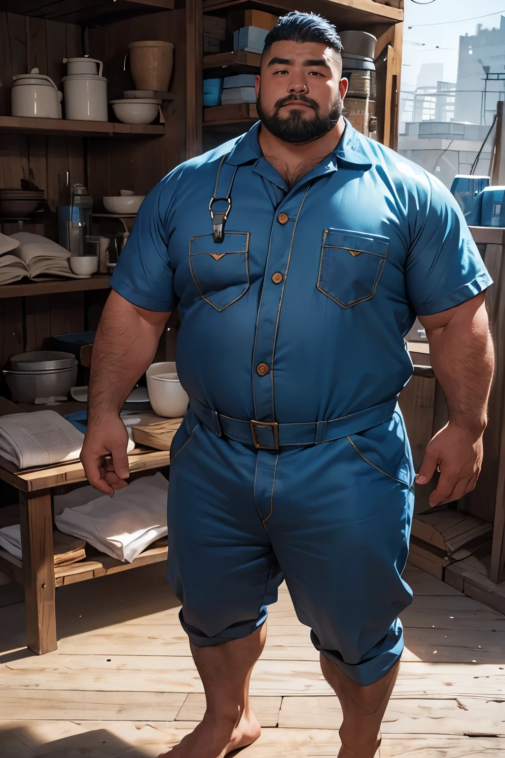 A portrait full body photograph, strong burly hairy mature 40years Mongolian man, A tractive mid age Mongolian,Round face:2,heavy worker, hard worker, balg Strong, muscular, hairy Armpit hair, Thick underarm hair, hairy big belly,((looking at viewer)),((((detail eyes)))), ((blue coveralls,blue work uniform)),Steel mills,Natural standing pose,very short hair, very short goatee, epic realistic, photo, ((((hdr)))), intricate scene, thick public hair, NSFW, Large body, wild plump uncle, a mature adult, facial hair, thick body, muscular, bulky, ((kind expression)),Friendly attitude,(perfect body proportions : 1.2), a mature adult, bare foot, 8K quality, photo