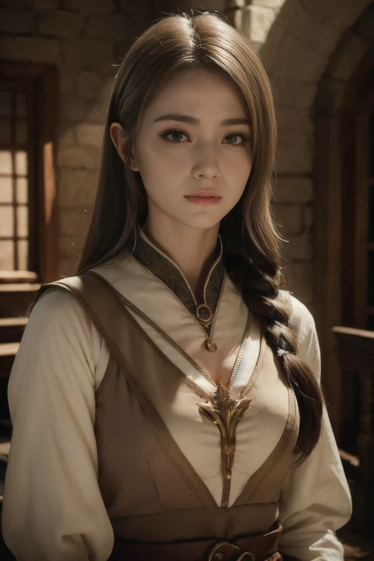 ashelia, photorealistic young medieval peasant woman with long brown hair, flat chest, 8k, medieval city, A beautiful adult woman with a soft face, perfect brown eyes, detailed face, long eyelashes, cinematic photorealistic lighting, (best quality,4k,8k,highres,masterpiece:1.2),ultra-detailed,(realistic,photorealistic,photo-realistic:1.37),cinematic,dramatic,moody,warm light, 