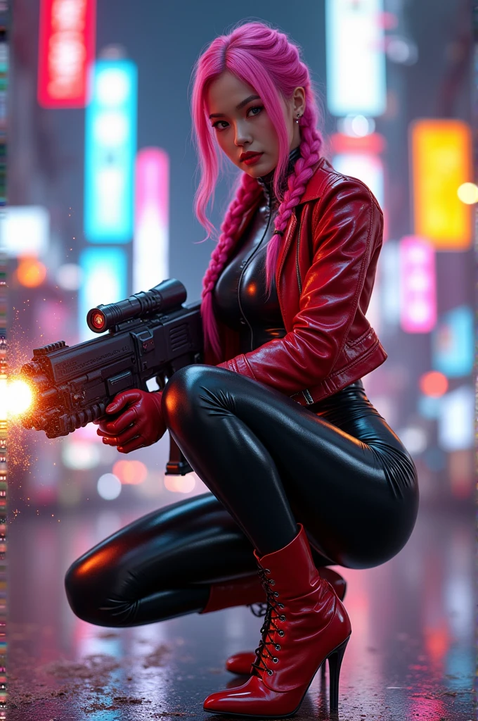 (Highest quality), Realistic, (live-action),(Short Hair,Sharp bangs)Highest quality,Highest quality,8k images,Pink Hair,High heels,Small face,((Big Breasts))Leg spread、1 gun,(((Put a gun between your breasts:1.6))),Highest quality32K(In combat)