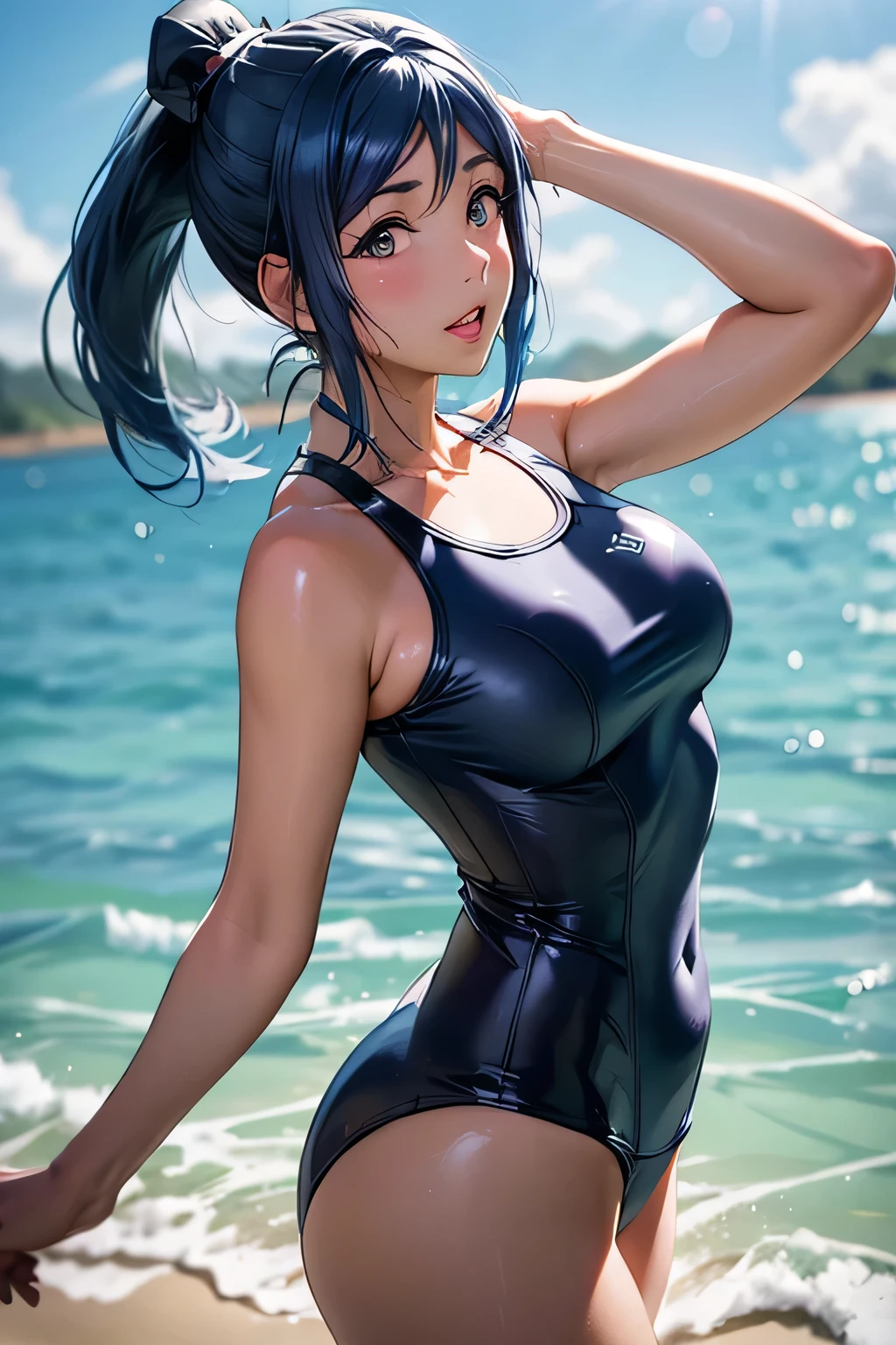  perfect anatomy　 best quality, highest resolution,((( latex school swimsuit　 blue hair　 ponytail　sweat)))　Love Live!！Sunshine!!　Matsuura Kanan 