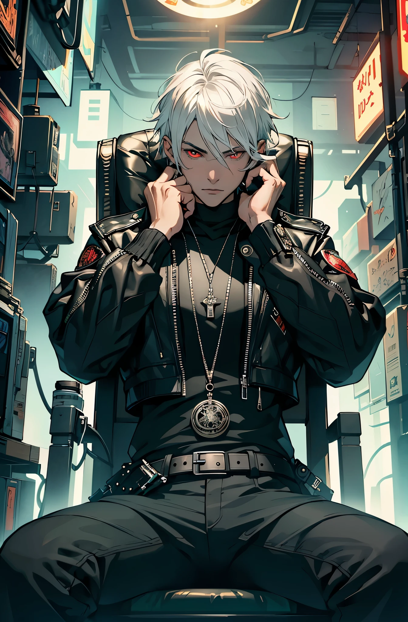 Ultra-detailed,high resolution,Ultra-detailed,Best quality,amazing,quality,intricate details,Extremely detailed CG unified 8k wallpaper,tarot cards,white hair,Draw a male character,wearing the black leather jacket,cyberpunk characters,red eyes,Possess the ability to control fire,24 year old male character,sitting on an royal throne,Detailed facial,Upper body close-up