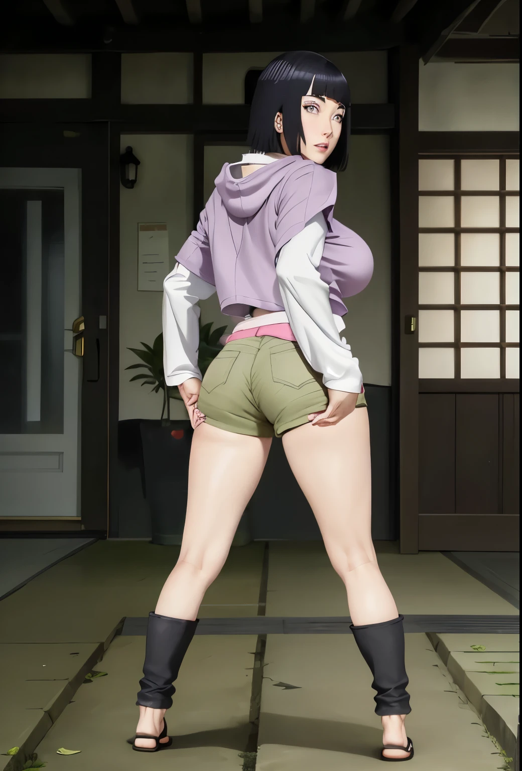 master part, absurderes, hinata\(boruto\), 1 girl, standing alone,mature woman, purple hoodie,layered sleeves, short brown jeans sexy, plein-air, cloudy sky, perfect composition, circumstantial lips, large breasted, pretty face, Body Proportion, blush, (pink lips), short black hair (black hairr), lilac eyes, smooth appearance, super realistico, circunstanciado, photoshoot, realistic face and body, realistic hair, realisticeyes, realistic nose, realistic lips, brown jeans, animadas, dancing lightly. on your back, with chin under shoulder, looking back sensually, sorriso sexy, mouth shut. different pose.