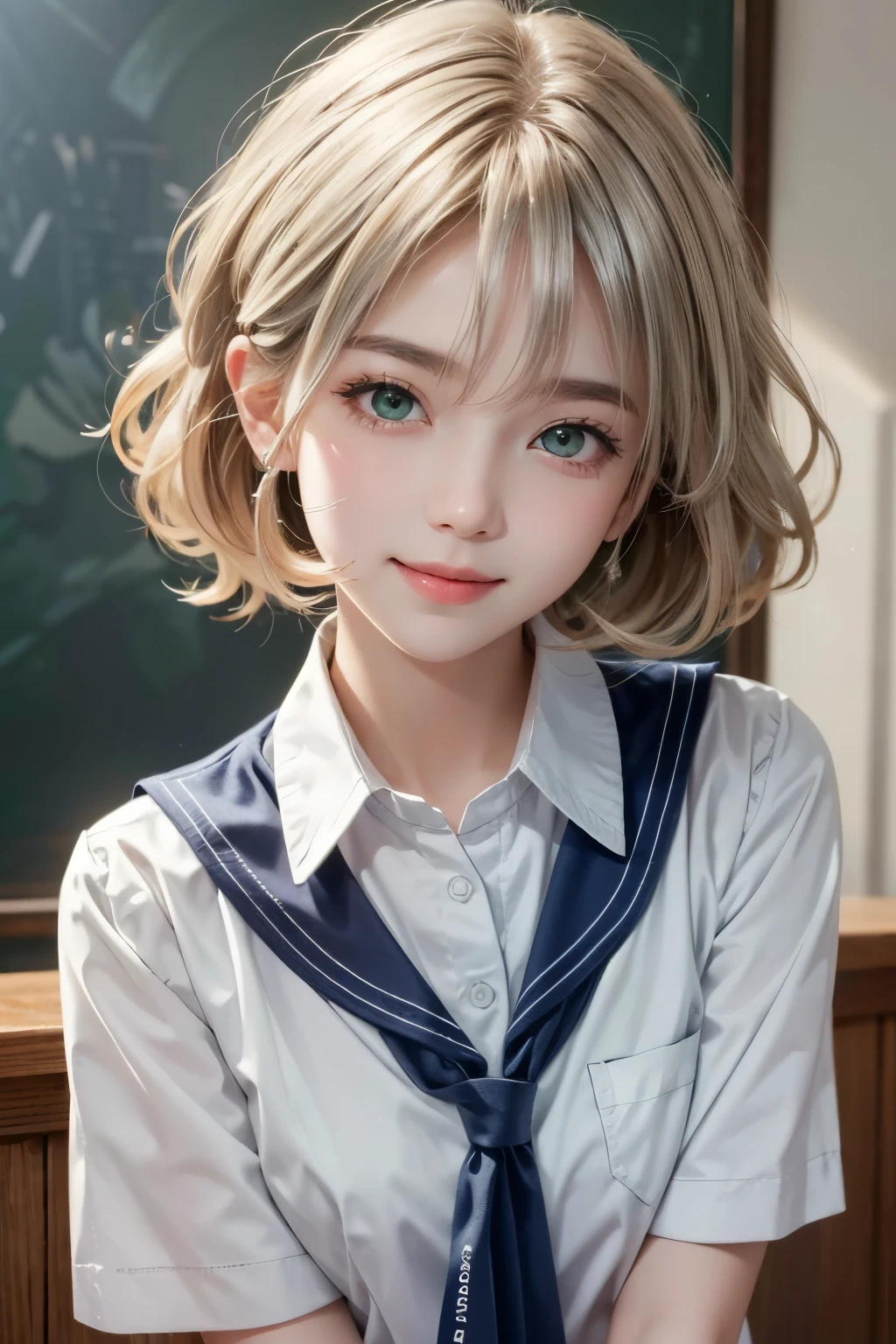 ((detailed face, cute face)), A blonde teacher is standing in front of a blackboard